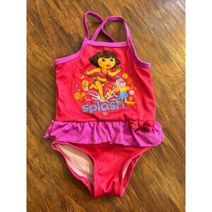 VTG Dora The Explorer Girls 2T Swimsuit Pink & Purple Ruffle One-Piece Polyester